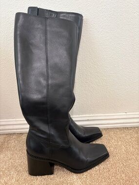 Classic Black Leather Knee-High Block Heel western Boots